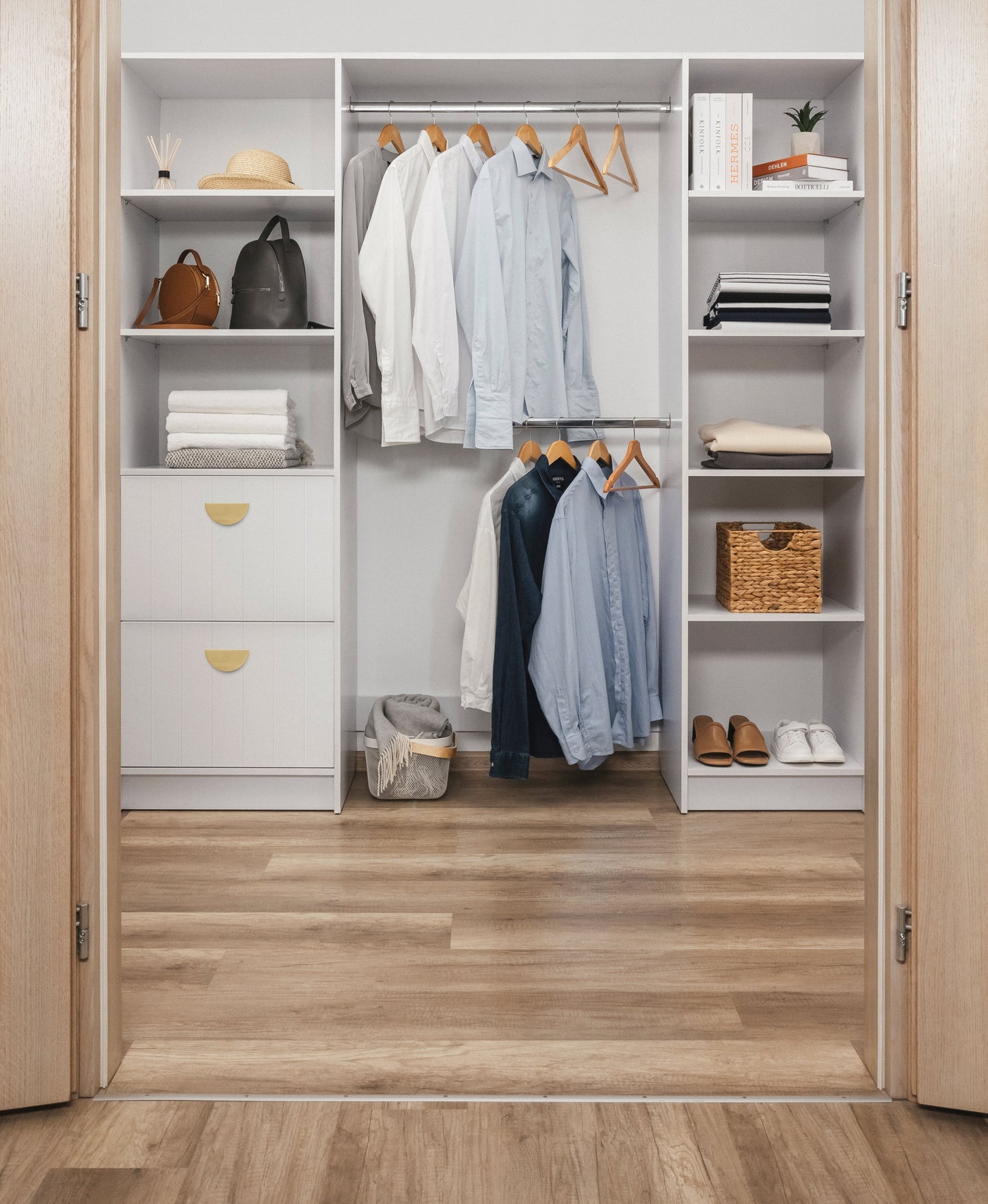 BASEL WALK IN WARDROBE KIT - WHITE - VJ PANEL - HALF MOON BRASS