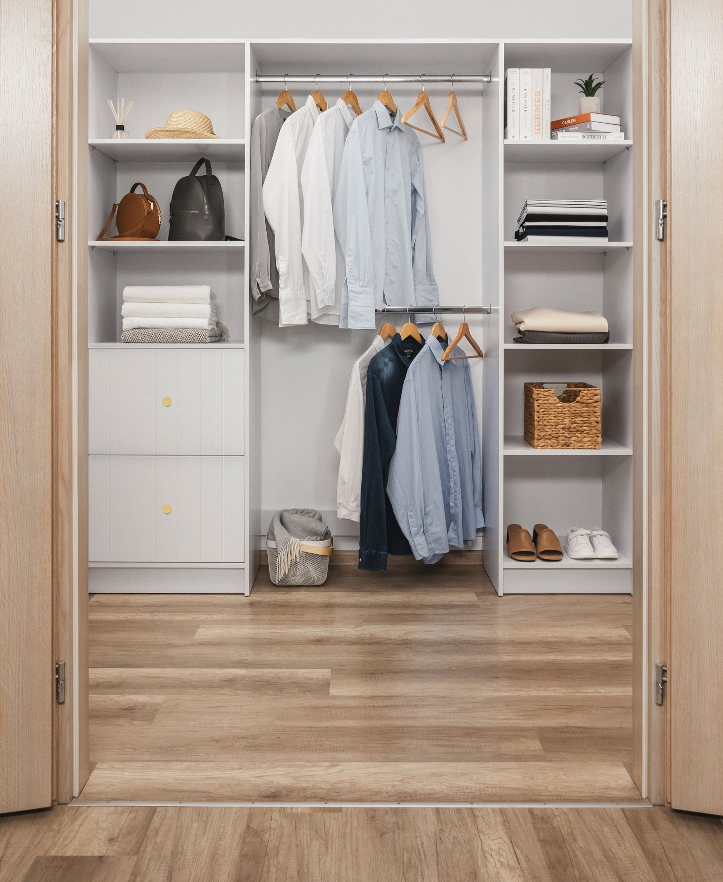 BASEL WALK IN WARDROBE KIT - WHITE - VJ PANEL - ROUND BRASS