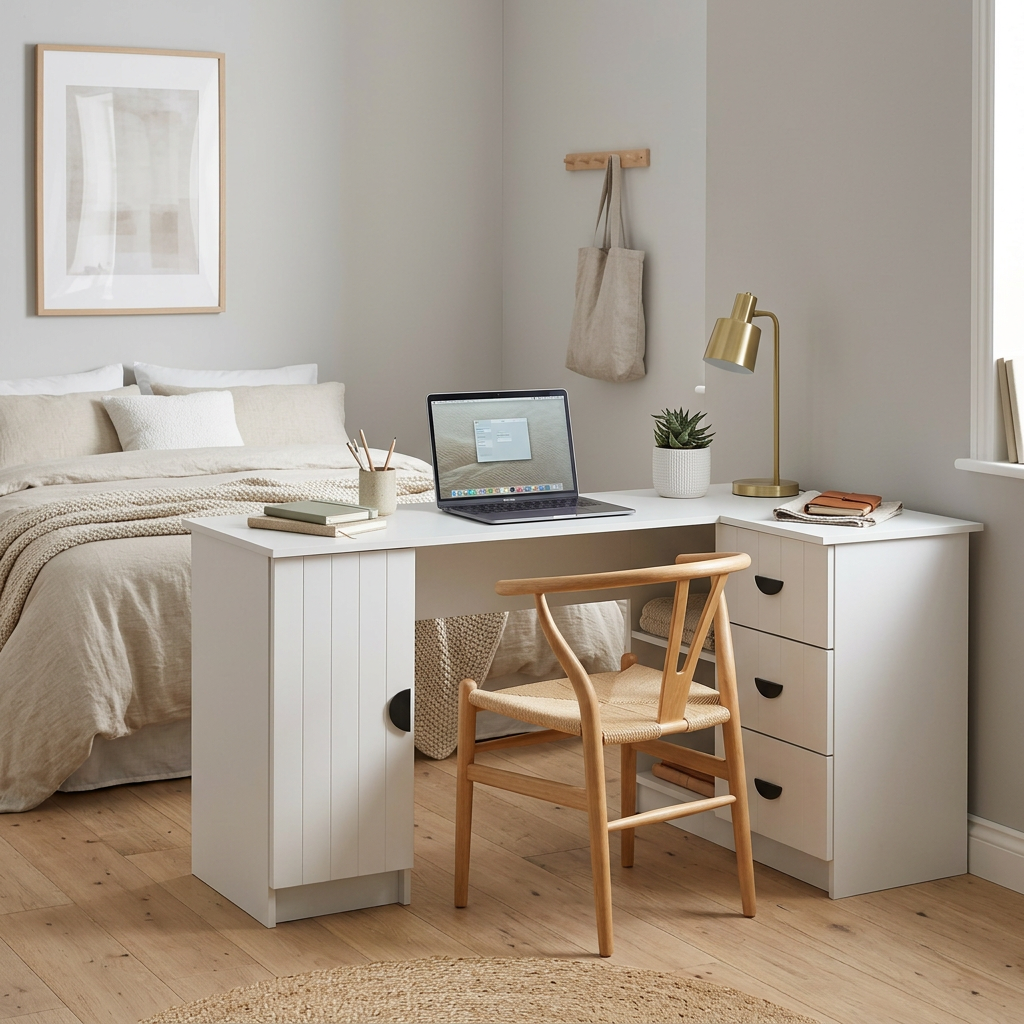 ROME CORNER DESK - WHITE - VJ PANEL - HALF MOON BLACK