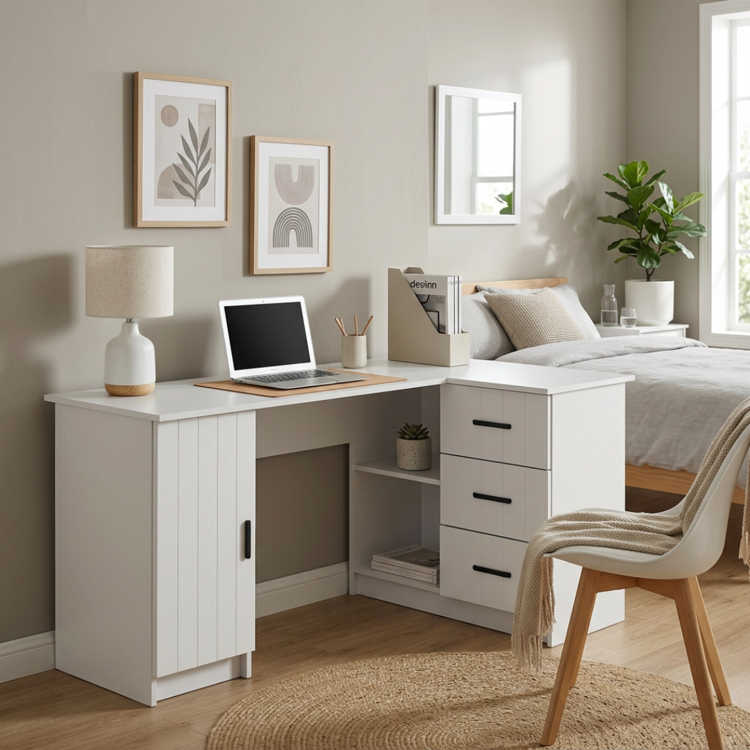 ROME CORNER DESK - WHITE - VJ PANEL - OVAL BLACK