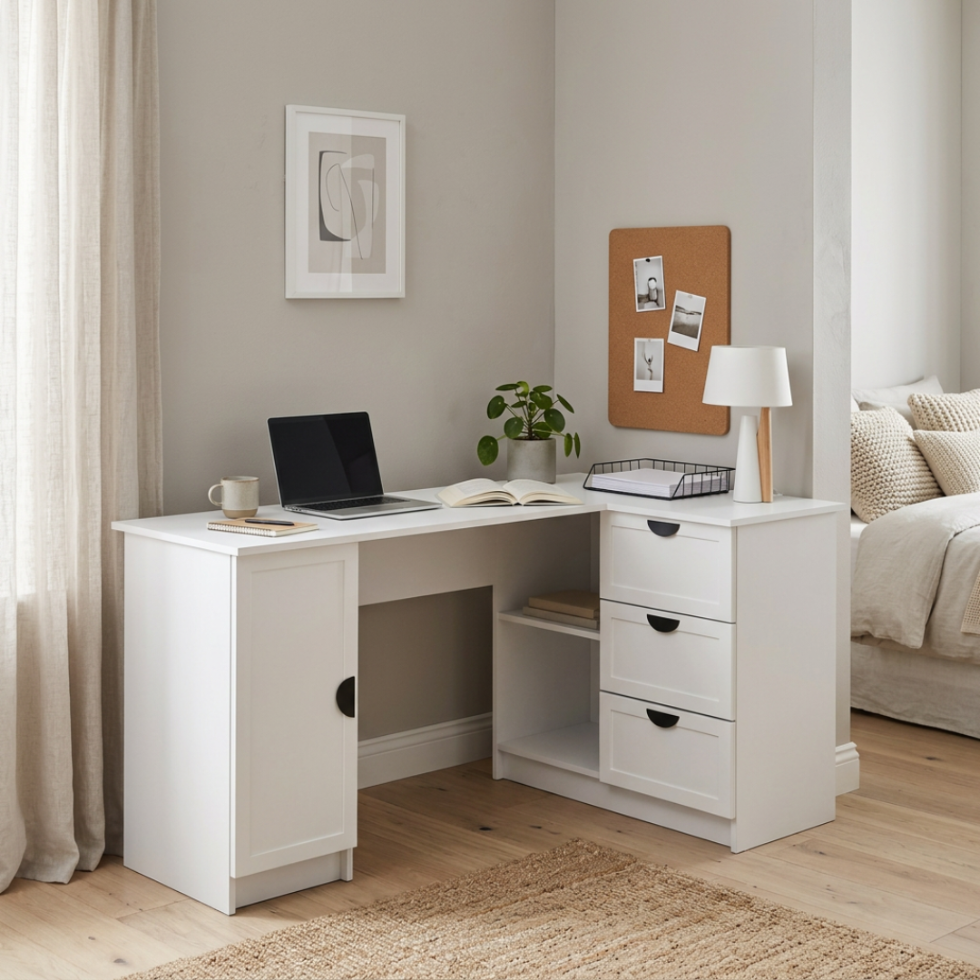 ROME CORNER DESK - WHITE - HAMPTON - HALF MOON BLACK
