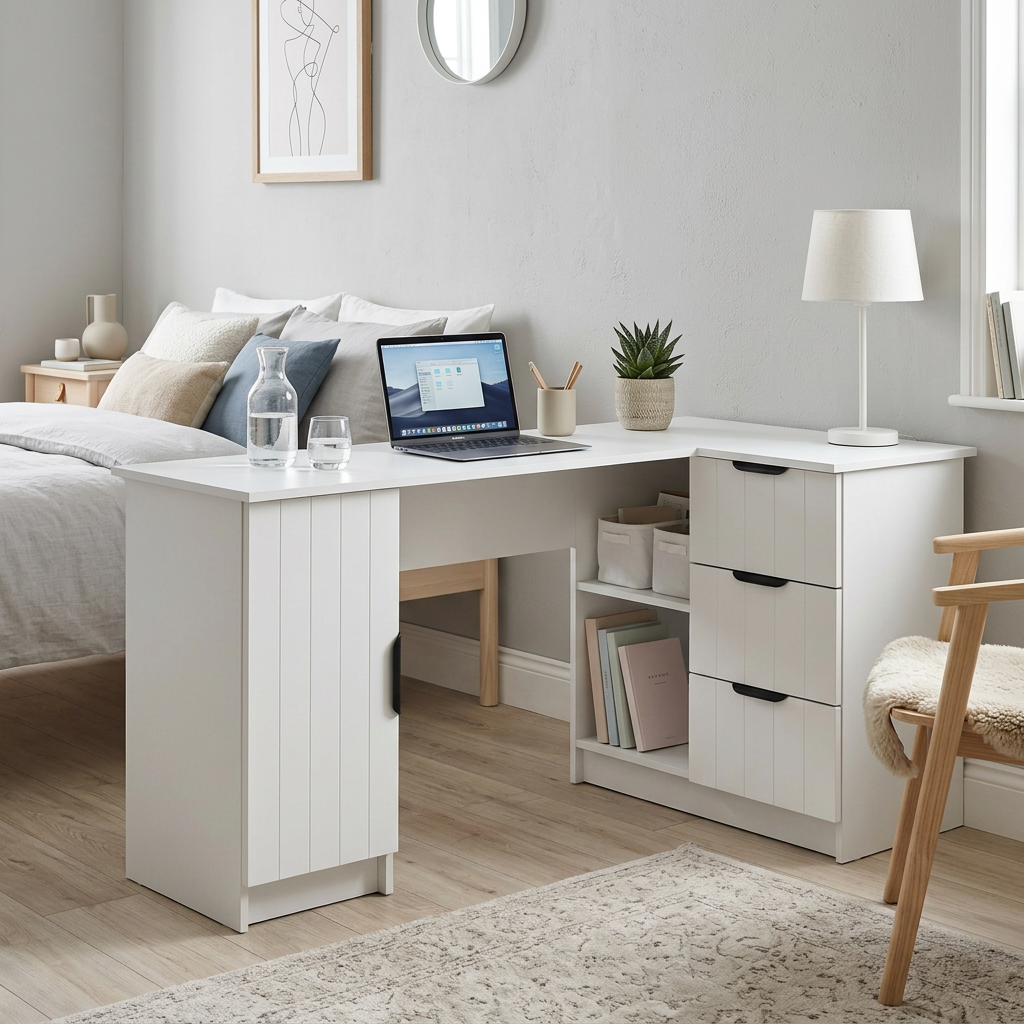 ROME CORNER DESK - WHITE - VJ PANEL - PULL BLACK
