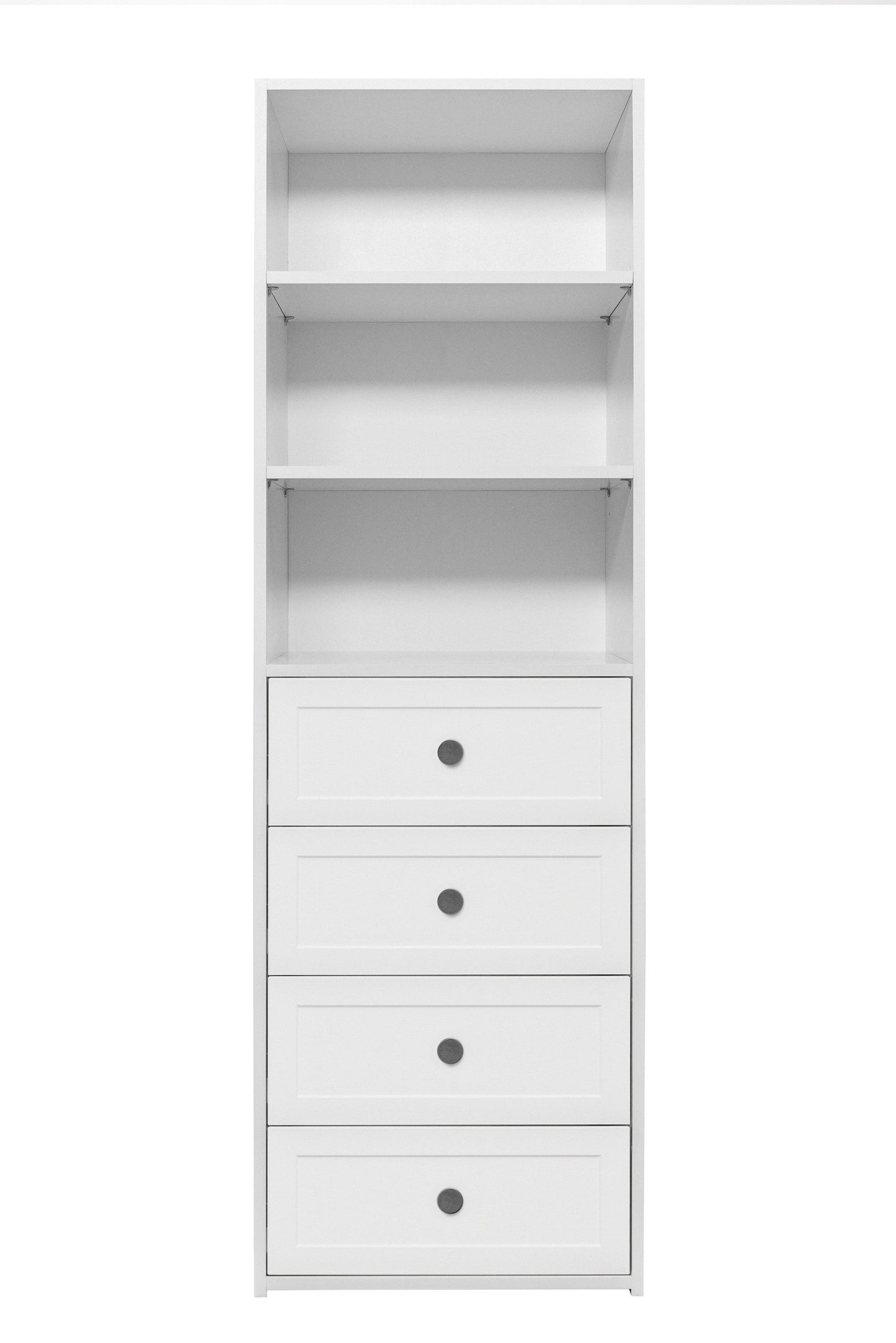 GENEVA 3 SHELF 4 DRAWER BUILT IN WARDROBE - WHITE - HAMPTON - ROUND BLACK