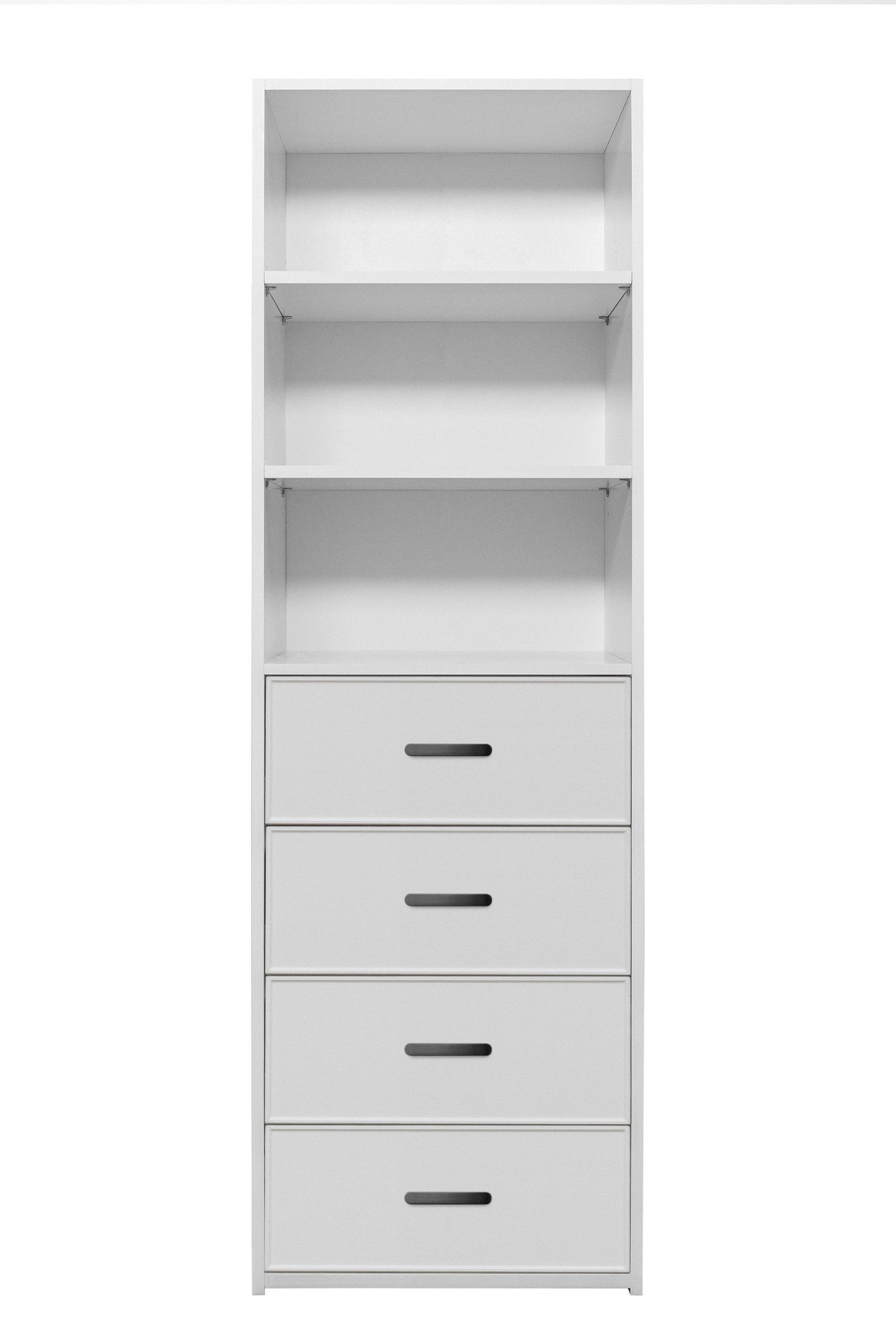 GENEVA 3 SHELF 4 DRAWER BUILT IN WARDROBE - WHITE - SLIM - OVAL BLACK