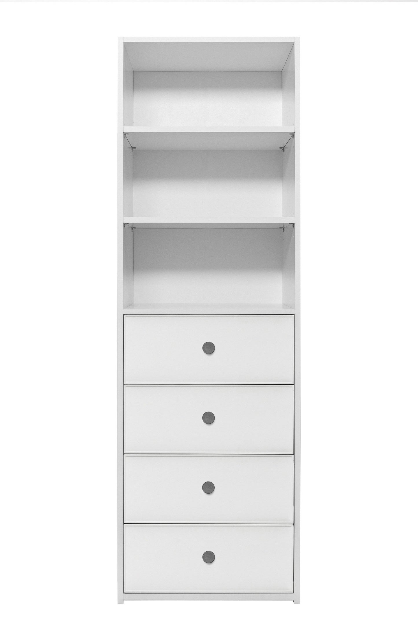 GENEVA 3 SHELF 4 DRAWER BUILT IN WARDROBE - WHITE - SLIM - ROUND BLACK