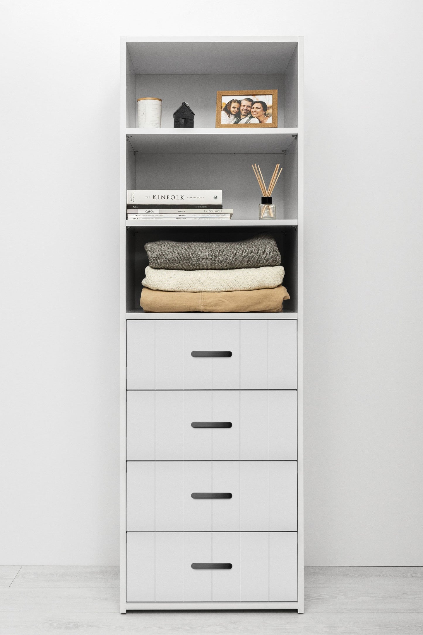 GENEVA 3 SHELF 4 DRAWER BUILT IN WARDROBE - WHITE - VJ PANEL - OVAL BLACK