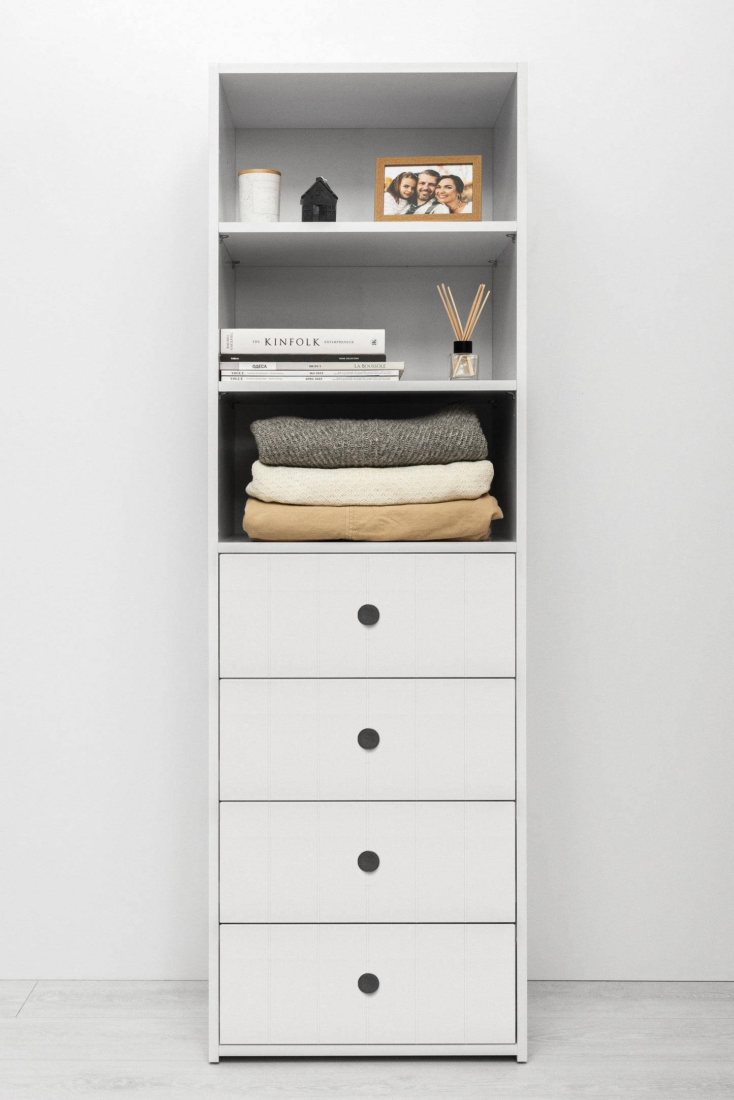 GENEVA 3 SHELF 4 DRAWER BUILT IN WARDROBE - WHITE - VJ PANEL - ROUND BLACK