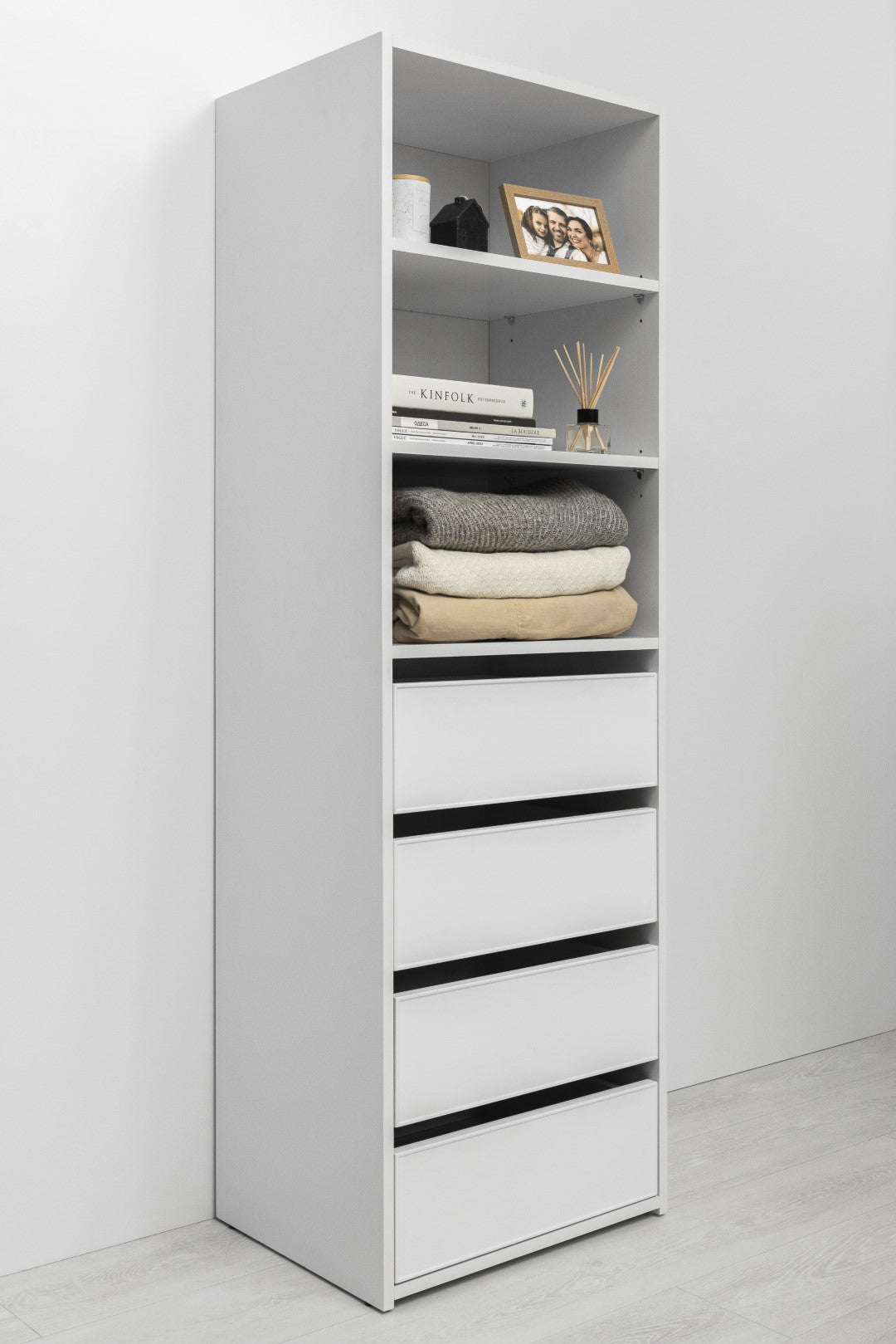 Geneva Built In Wardrobe - 4 Drawer 3 Shelf Module - Slim Shaker Panel - White