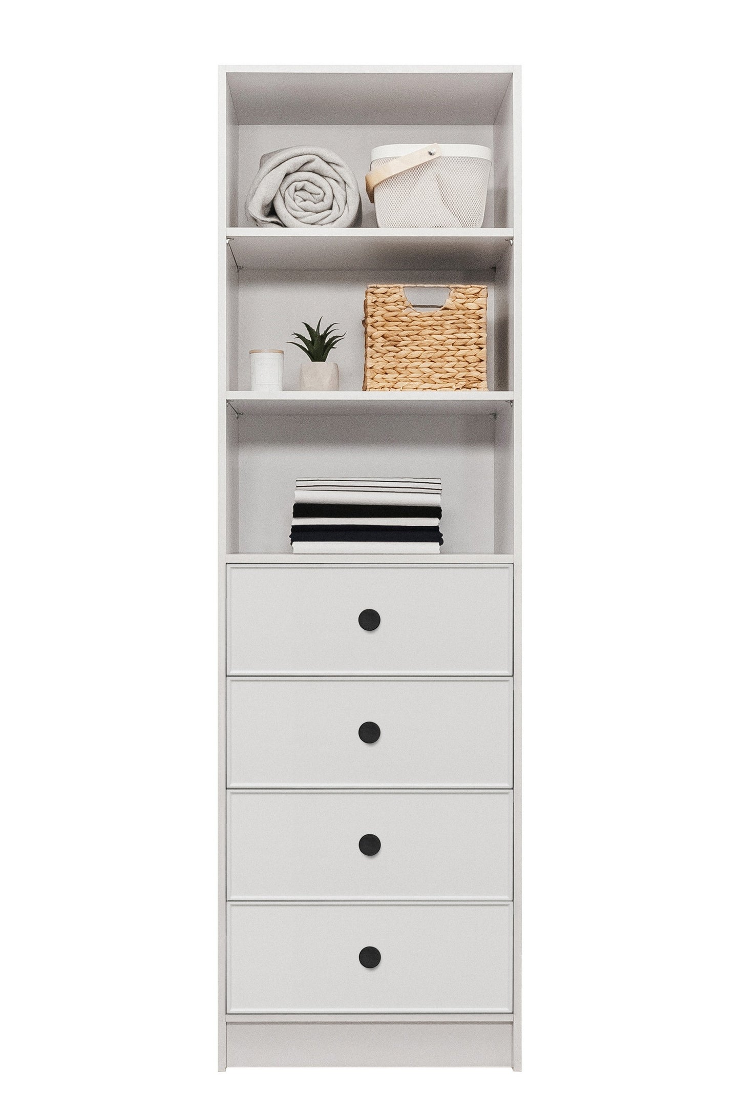 MALMO 3 SHELF 4 DRAWER WALK IN WARDROBE - WHITE - SLIM - ROUND BLACK