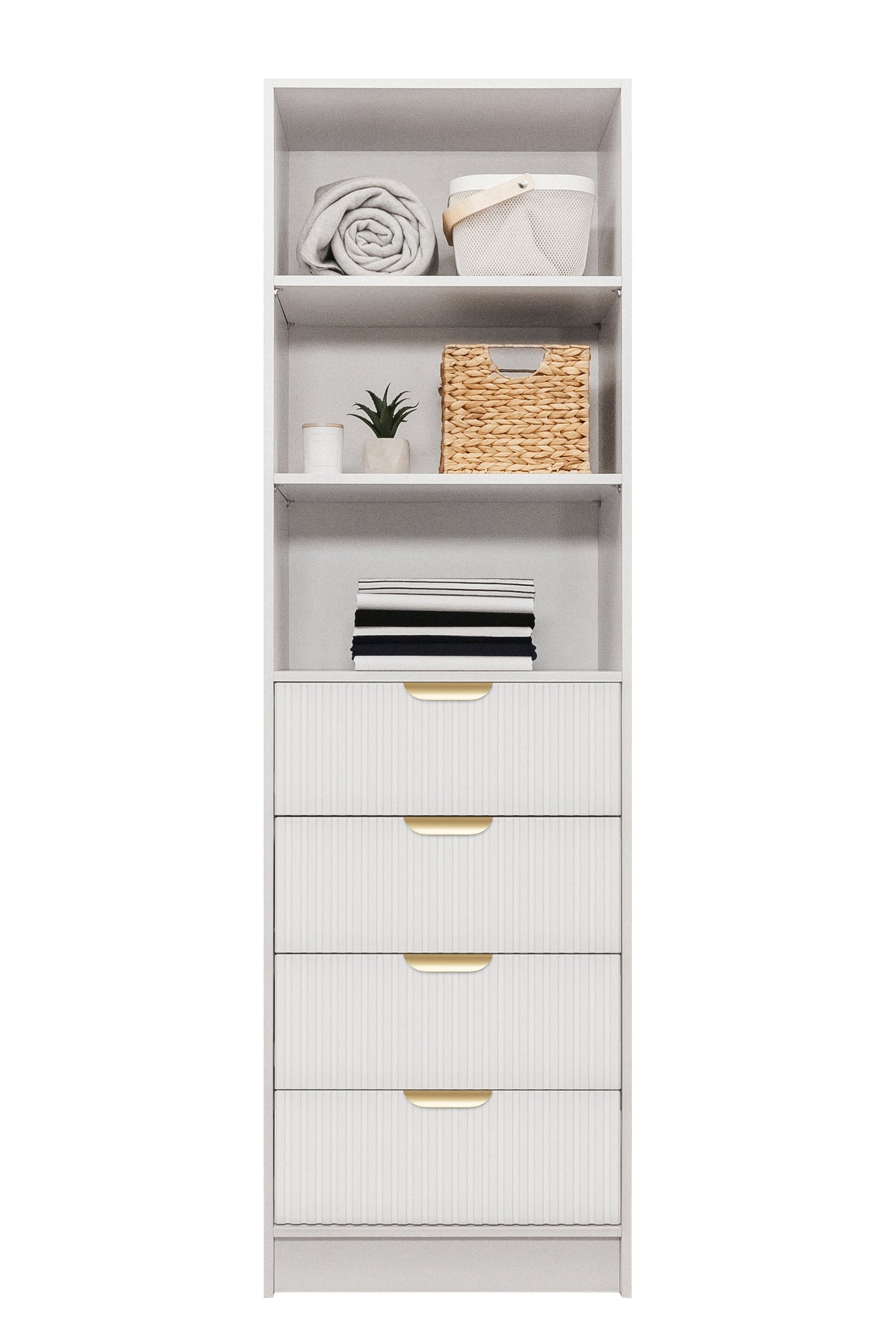 MALMO 3 SHELF 4 DRAWER WALK IN WARDROBE - WHITE - FLUTED - PULL BRASS