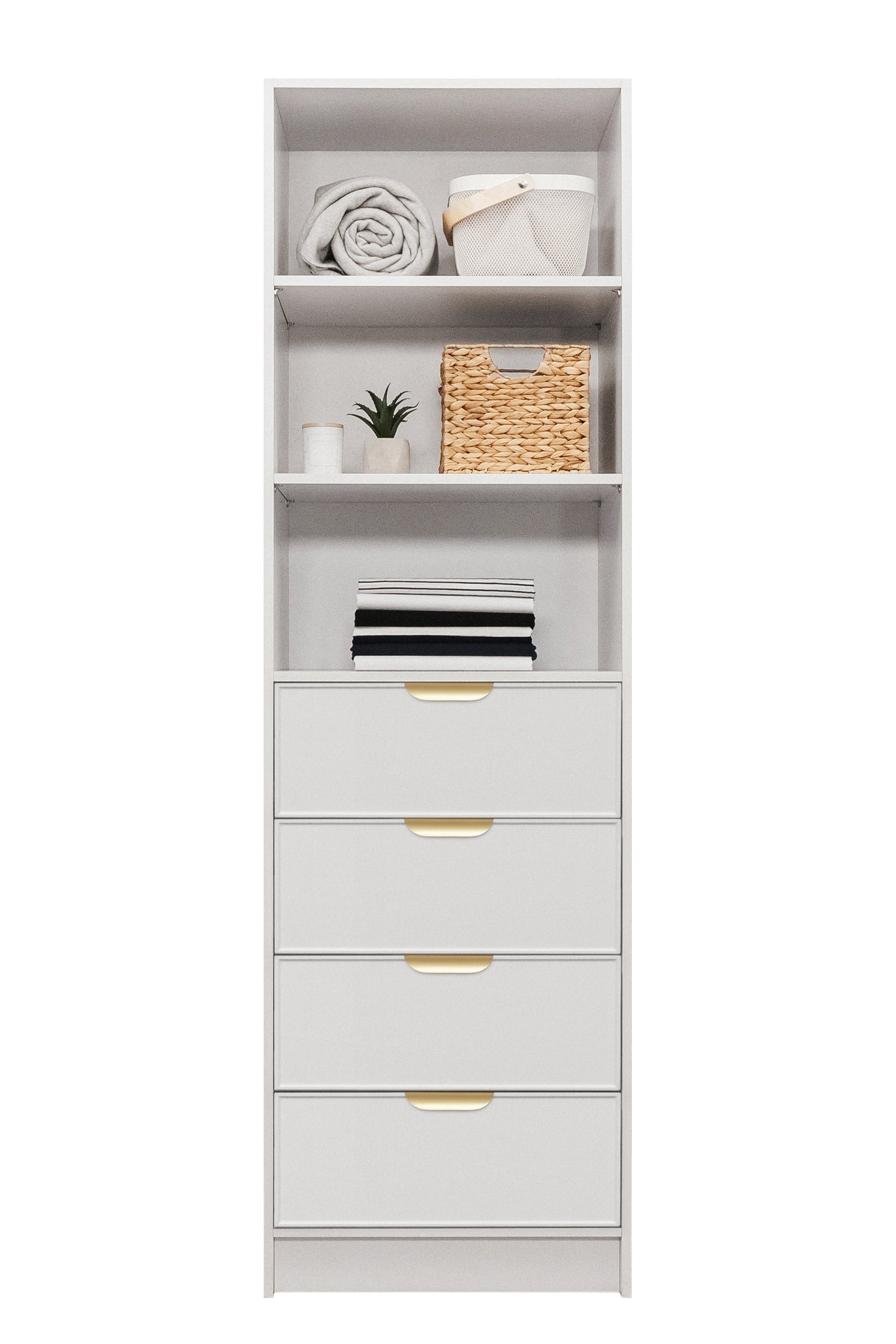 MALMO 3 SHELF 4 DRAWER WALK IN WARDROBE - WHITE - SLIM - PULL BRASS