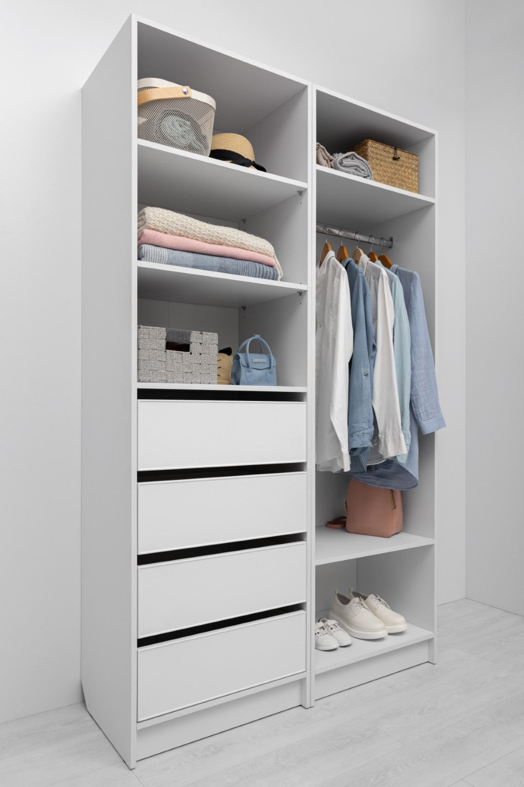 Malmo Walk In Wardrobe - 4 Drawer 3 Shelf Module - Slim Shaker - White