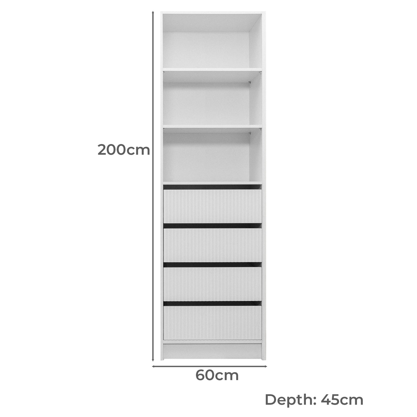 Malmo Walk In Wardrobe - 4 Drawer 3 Shelf Module - Fluted - White