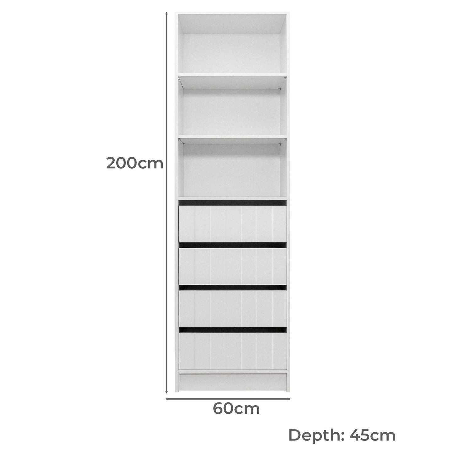 Malmo Walk In Wardrobe - 4 Drawer 3 Shelf Module - VJ Panel - White