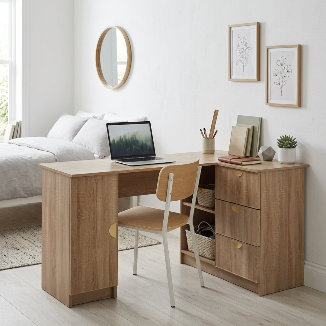 ROME CORNER DESK - NATURAL OAK - SLIM - HALF MOON BRASS