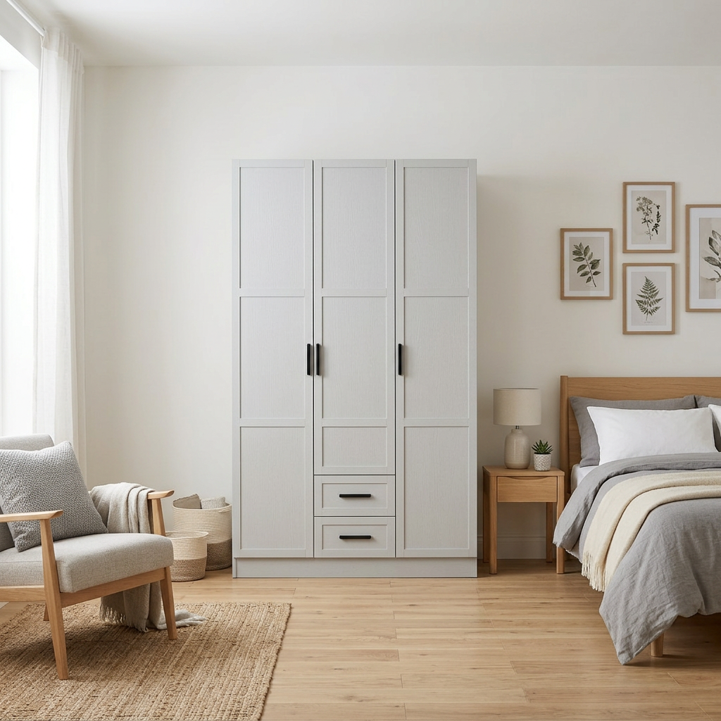 BUDAPEST THREE DOOR WARDROBE - WHITE - HAMPTONS - BLACK