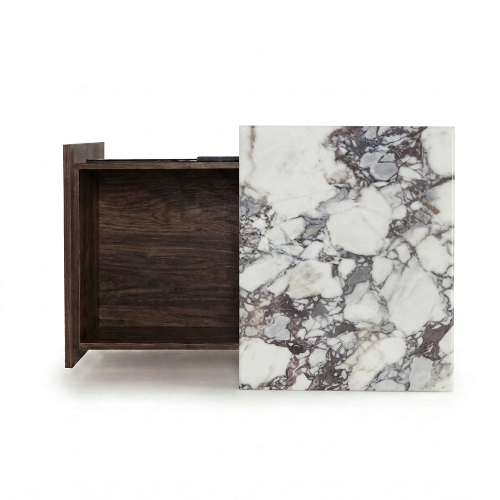NOVA BEDSIDE TABLE WALNUT WITH CALCUTTA MARBLE