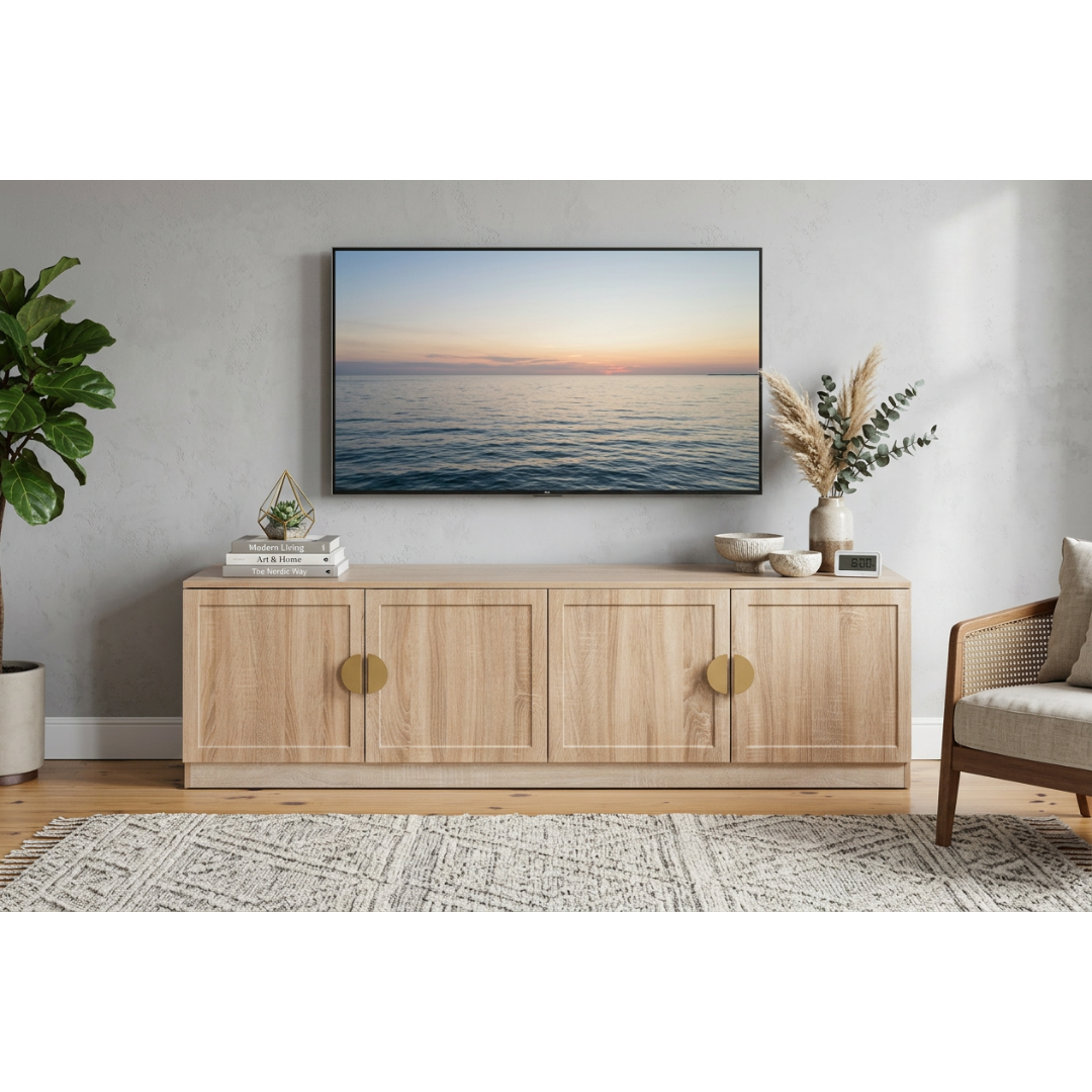BUCHAREST TV UNIT - NATURAL OAK - HAMPTONS- HALF MOON BRASS