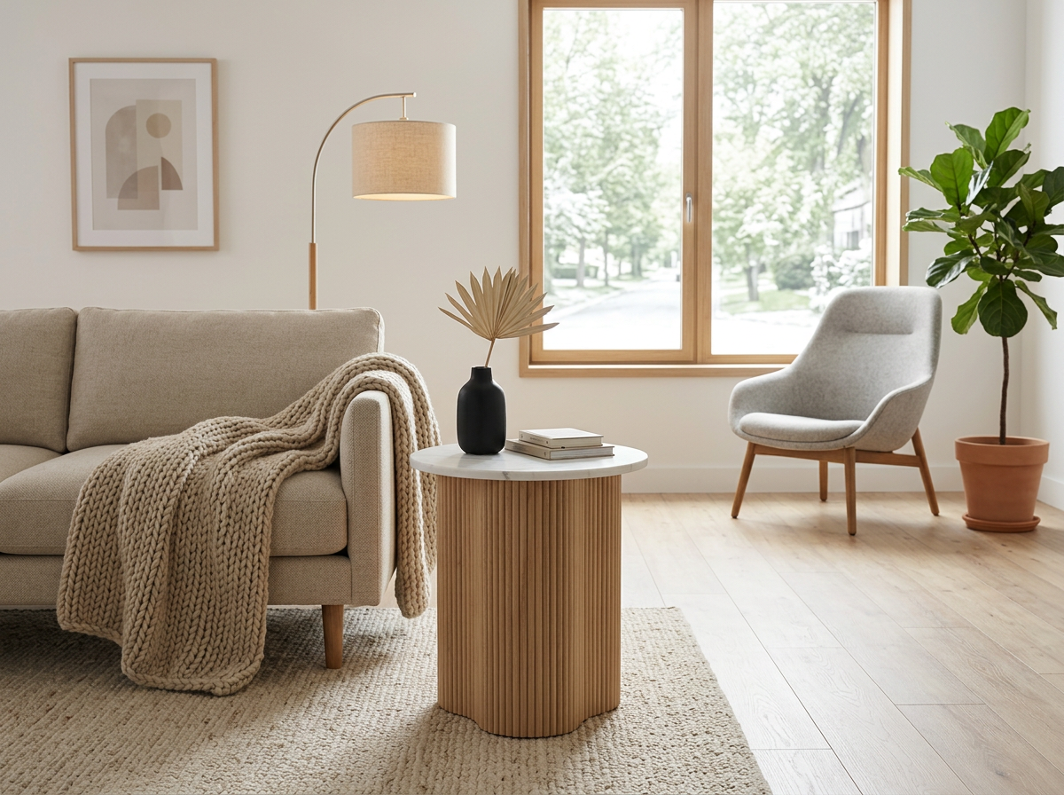 VERO SIDE TABLE NATURAL OAK WITH WHITE MARBLE