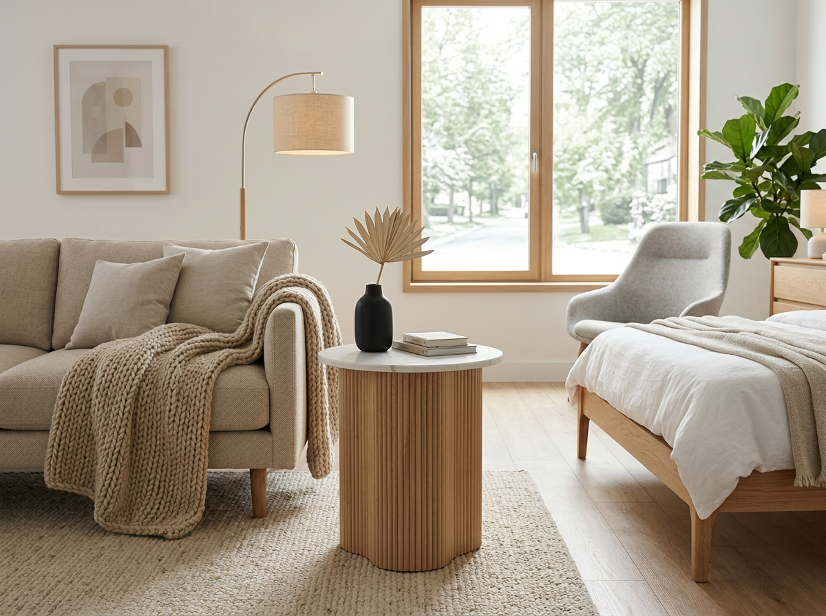 VERO SIDE TABLE NATURAL OAK WITH WHITE MARBLE