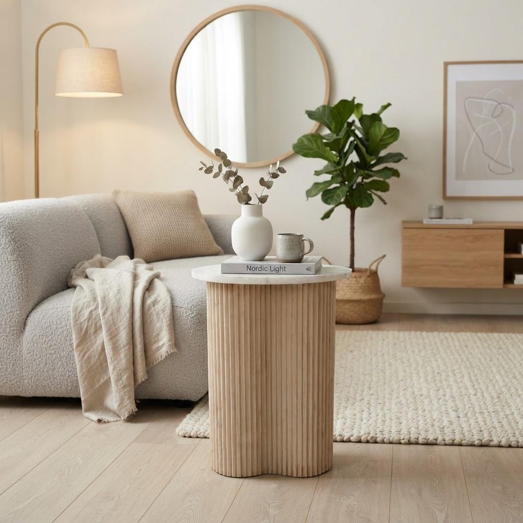 VERO SIDE TABLE NATURAL OAK WITH WHITE MARBLE
