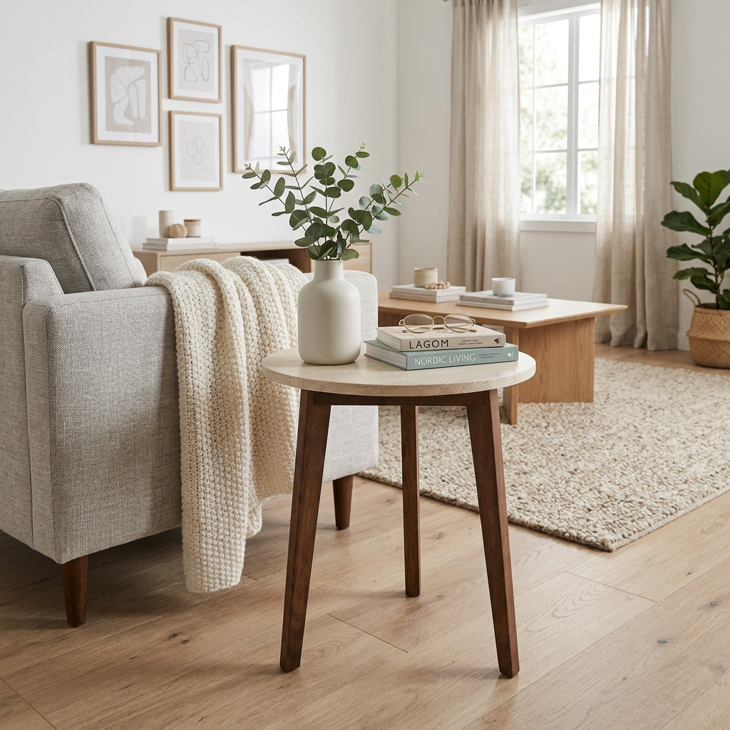 NERO WALNUT SIDE TABLE WITH TRAVERTINE