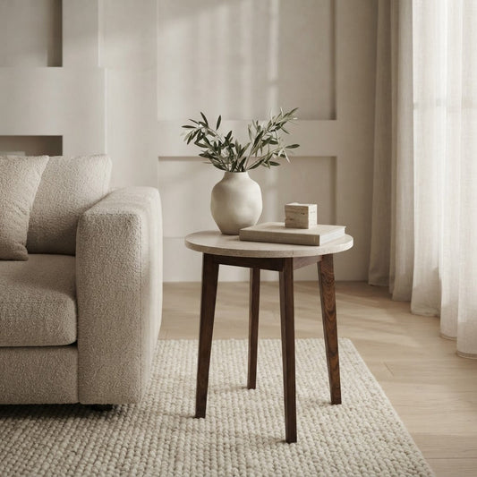 NERO WALNUT SIDE TABLE WITH TRAVERTINE