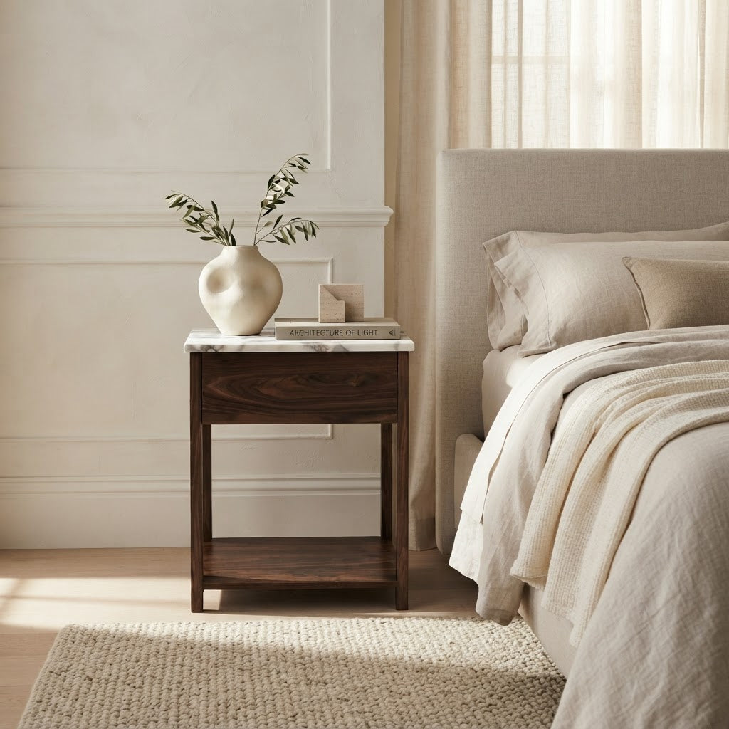 NOVA BEDSIDE TABLE WALNUT WITH CALCUTTA MARBLE
