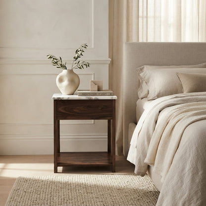 NOVA BEDSIDE TABLE WALNUT WITH CALCUTTA MARBLE