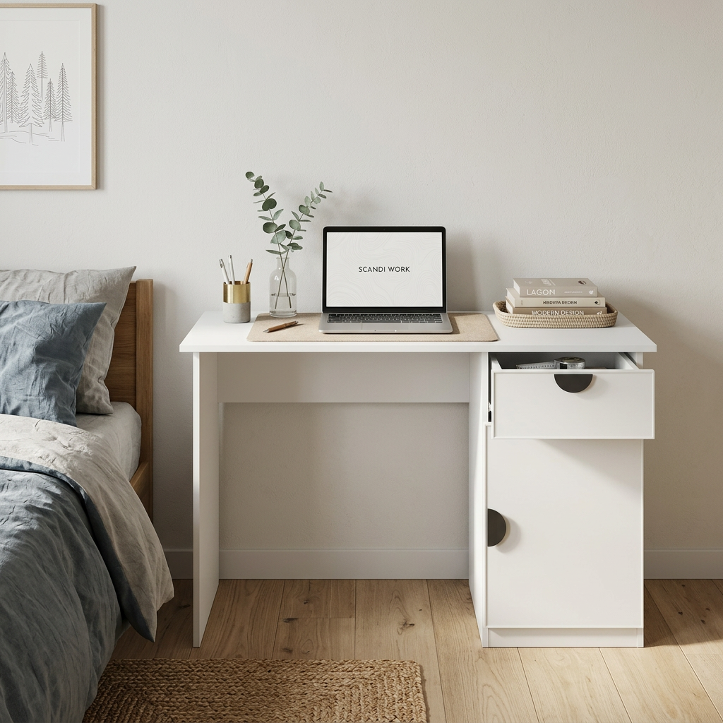 COPENHAGEN DESK - WHITE - SLIM - HALF MOON BLACK