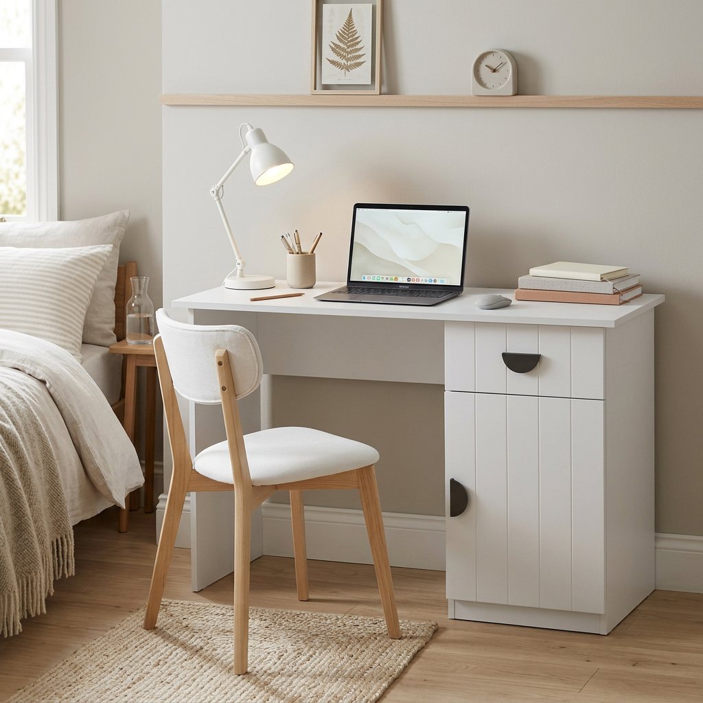 COPENHAGEN DESK - WHITE - VJ PANEL - HALF MOON BLACK