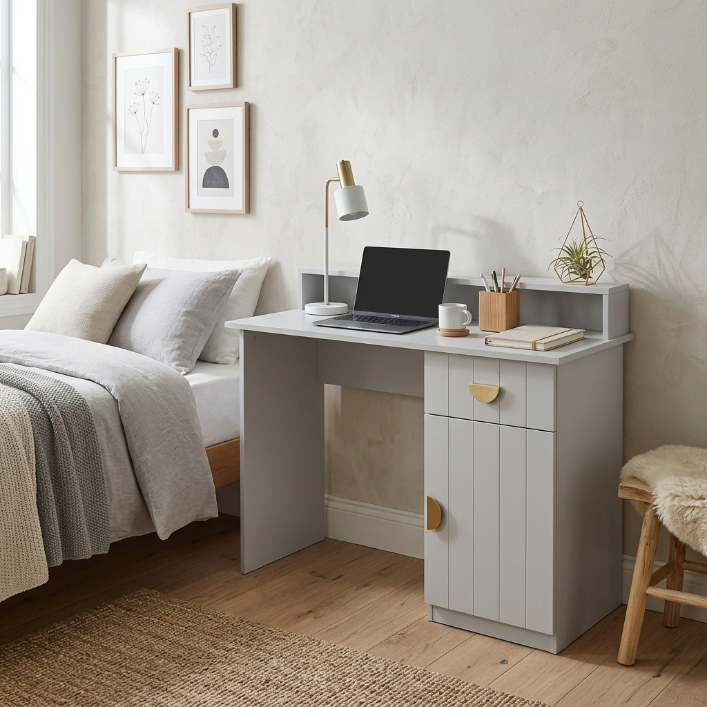 COPENHAGEN DESK - WHITE - VJ PANEL - HALF MOON BRASS