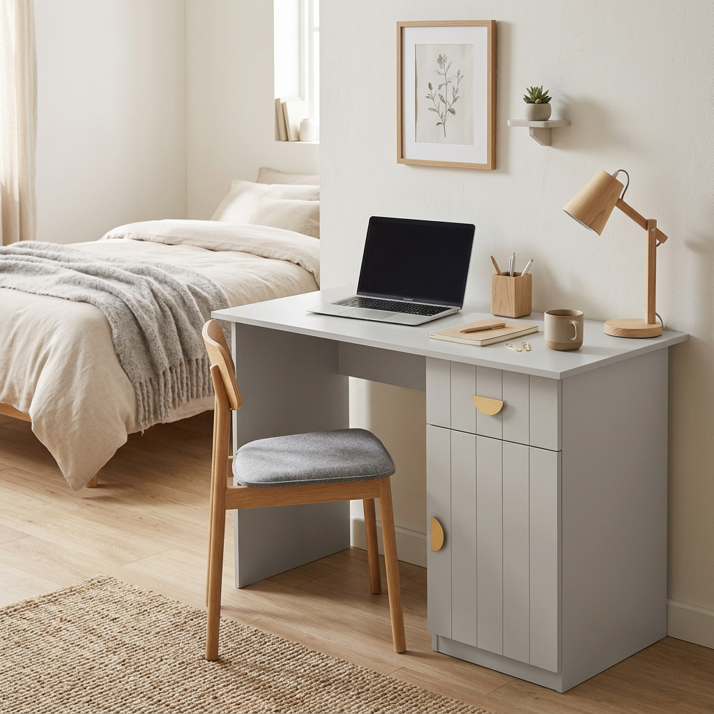 COPENHAGEN DESK - WHITE - VJ PANEL - HALF MOON BRASS