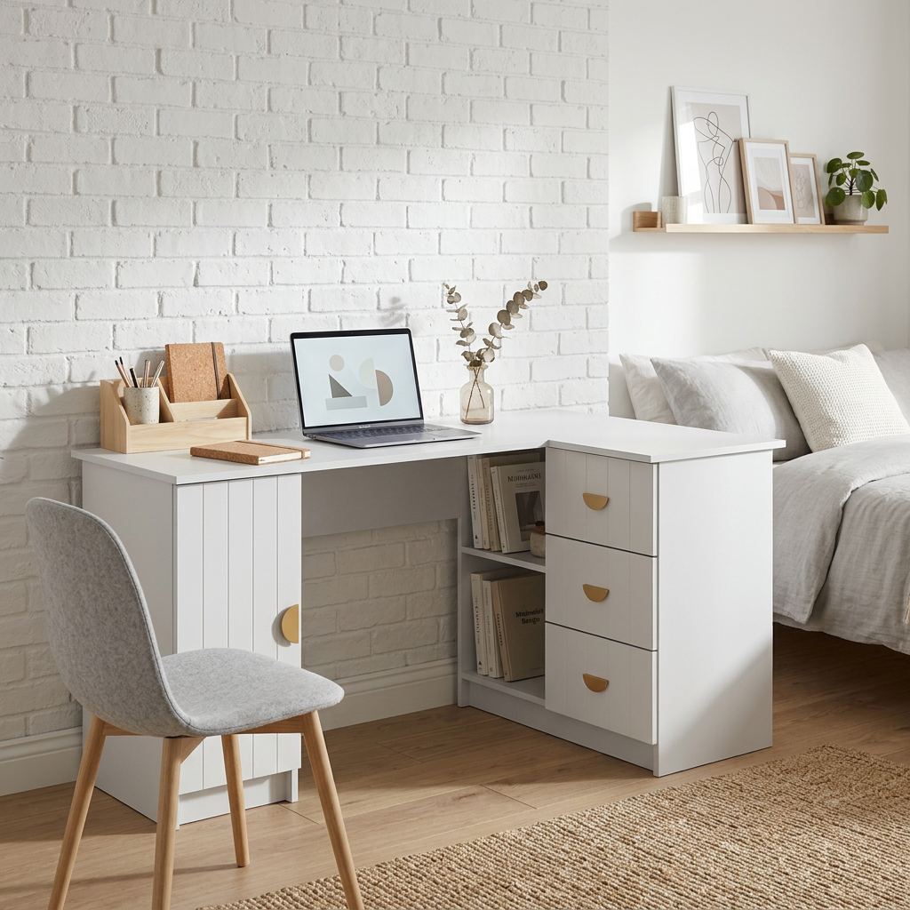 ROME CORNER DESK - WHITE - VJ PANEL - HALF MOON BRASS