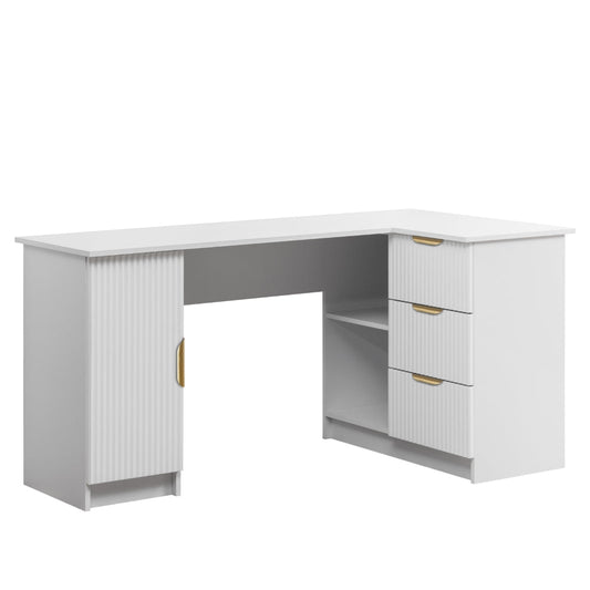 ROME CORNER DESK - WHITE - FLUTED - PULL BRASS