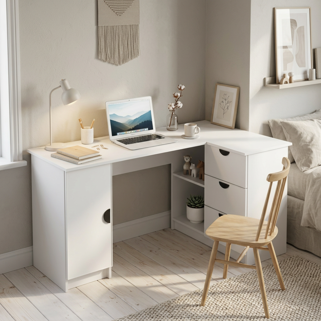 ROME CORNER DESK - WHITE - SLIM - HALF MOON BLACK