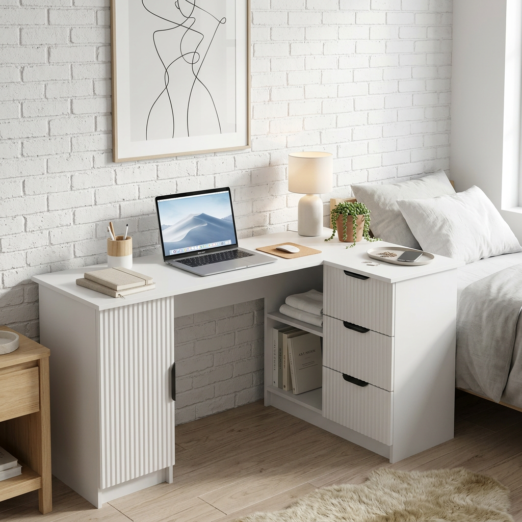 ROME CORNER DESK - WHITE - FLUTED - PULL BLACK