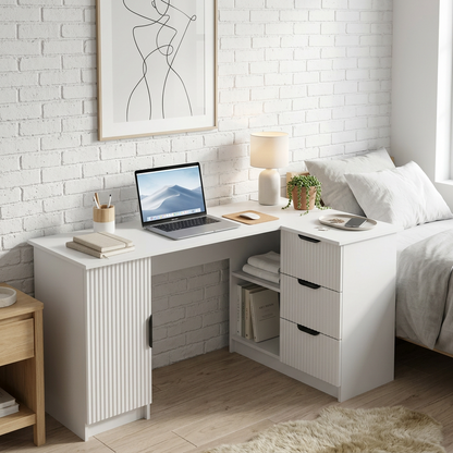 ROME CORNER DESK - WHITE - FLUTED - PULL BLACK