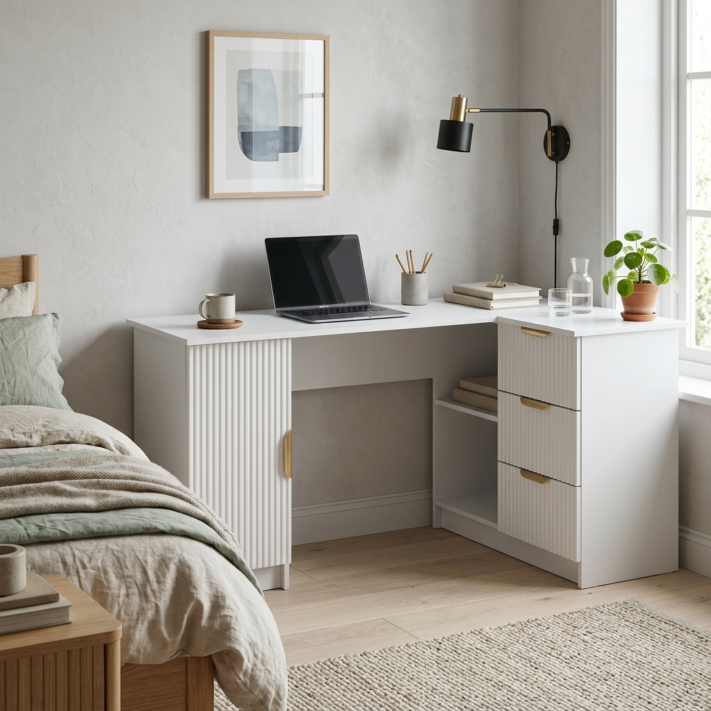 ROME CORNER DESK - WHITE - FLUTED - PULL BRASS