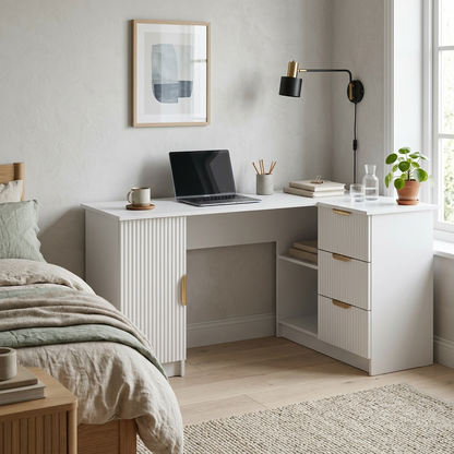 ROME CORNER DESK - WHITE - FLUTED - PULL BRASS
