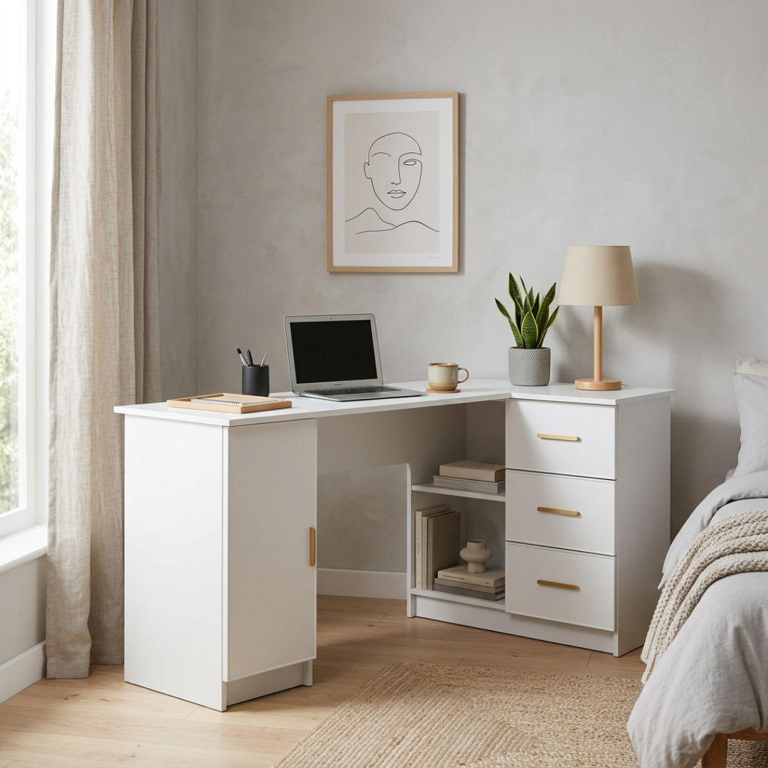 ROME CORNER DESK - WHITE - SLIM - OVAL BRASS