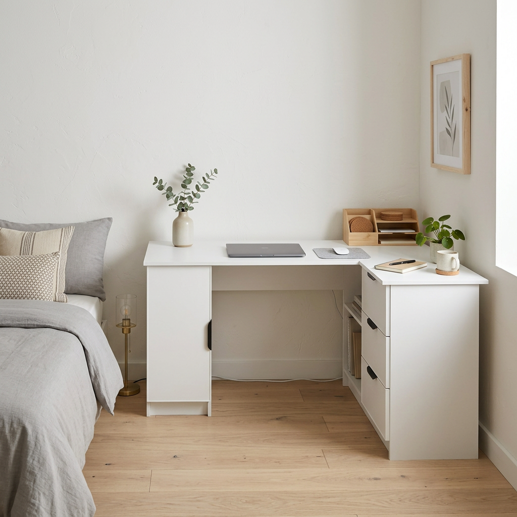 ROME CORNER DESK - WHITE - SLIM - PULL BLACK