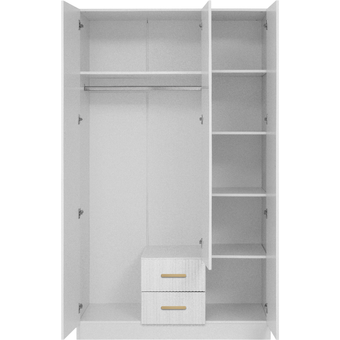 BUDAPEST THREE DOOR WARDROBE - WHITE - FLUTED - BRASS