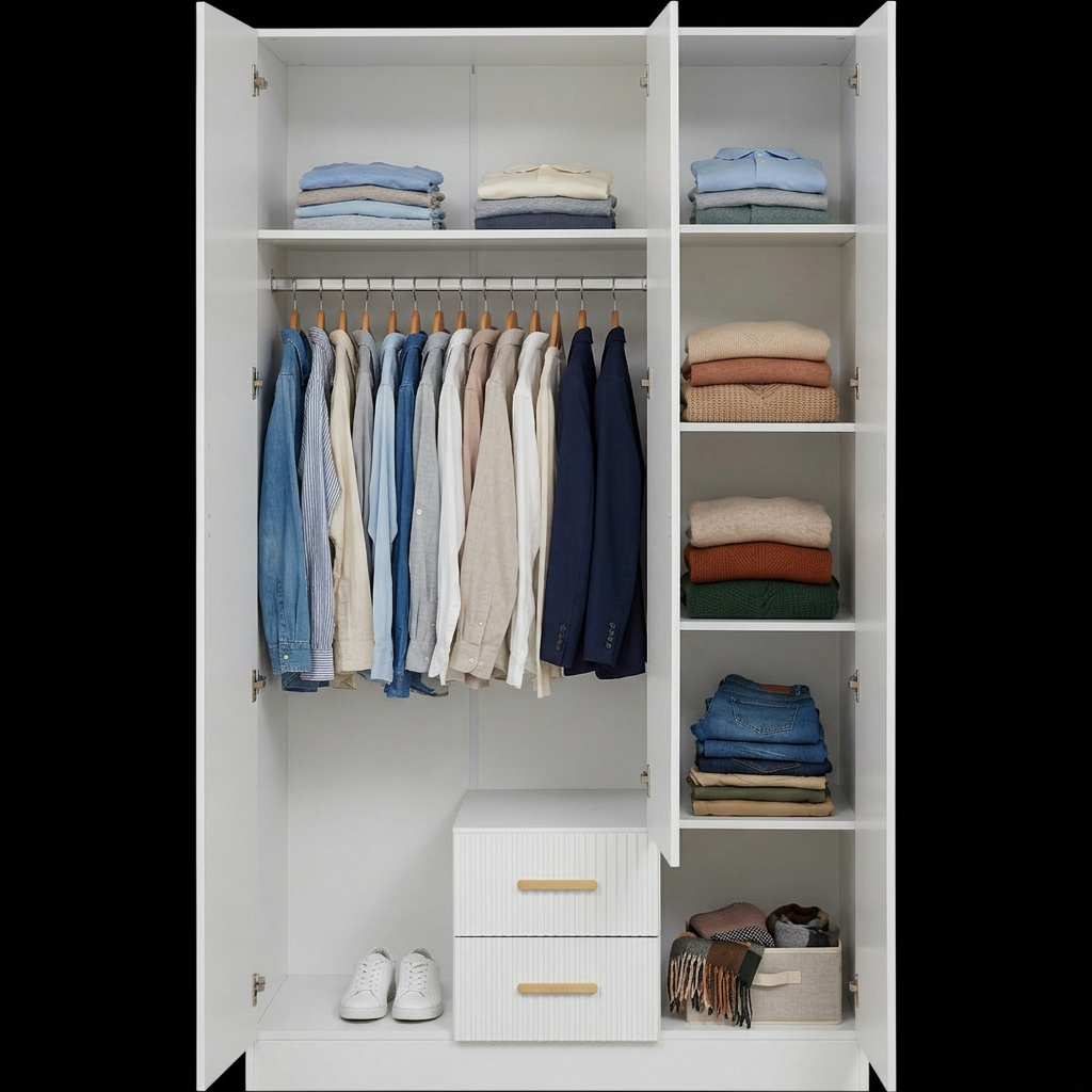 BUDAPEST THREE DOOR WARDROBE - WHITE - FLUTED - BRASS