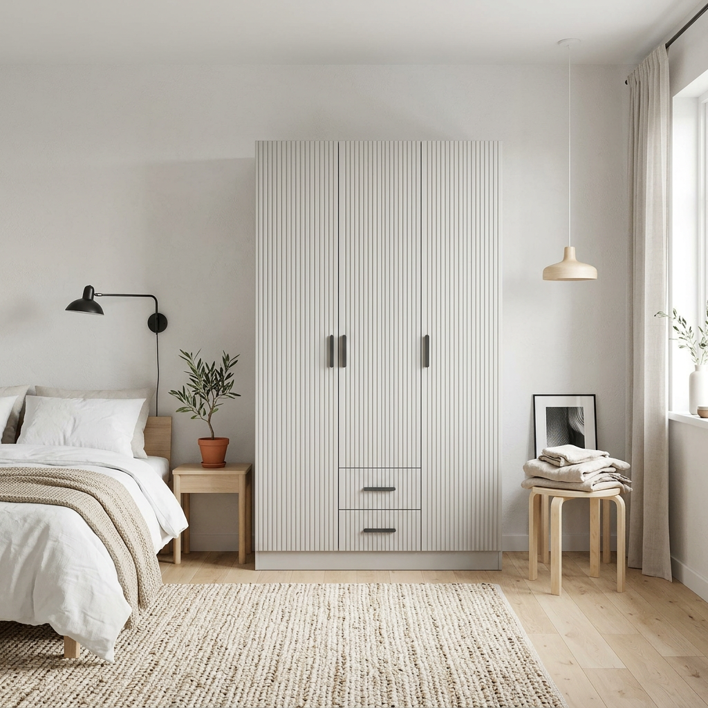 BUDAPEST THREE DOOR WARDROBE - WHITE - FLUTED - BLACK
