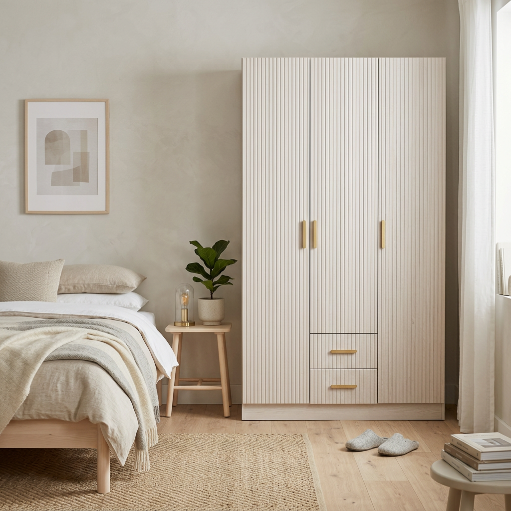 BUDAPEST THREE DOOR WARDROBE - WHITE - FLUTED - BRASS
