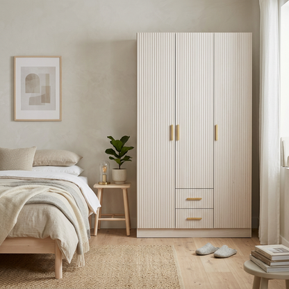 BUDAPEST THREE DOOR WARDROBE - WHITE - FLUTED - BRASS