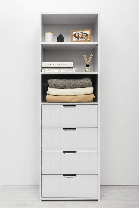 GENEVA 3 SHELF 4 DRAWER BUILT IN WARDROBE - WHITE - VJ PANEL - PULL BLACK