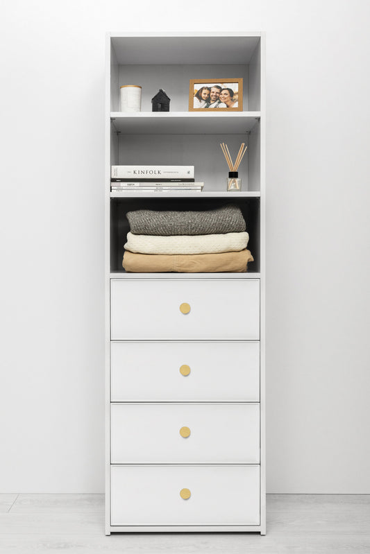 GENEVA 3 SHELF 4 DRAWER BUILT IN WARDROBE - WHITE - SLIM - ROUND BRASS