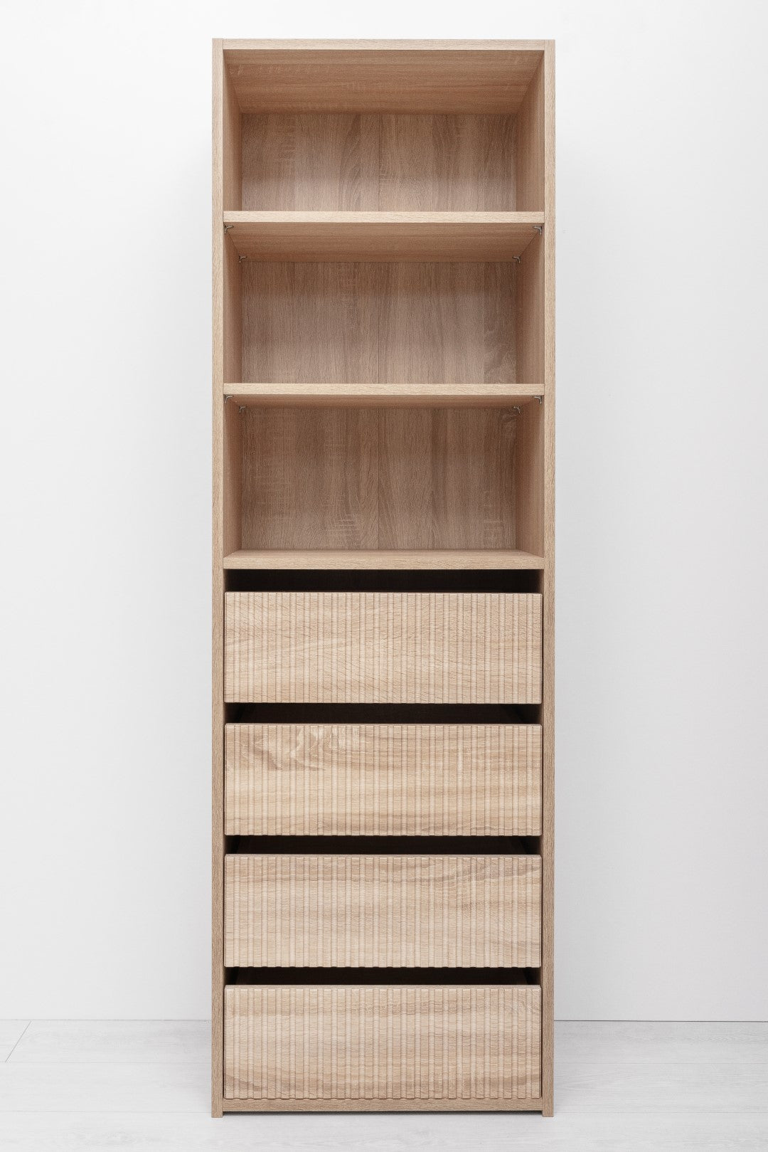 Geneva Built In Wardrobe - 4 Drawer 3 Shelf Module - Fluted - Natural Oak